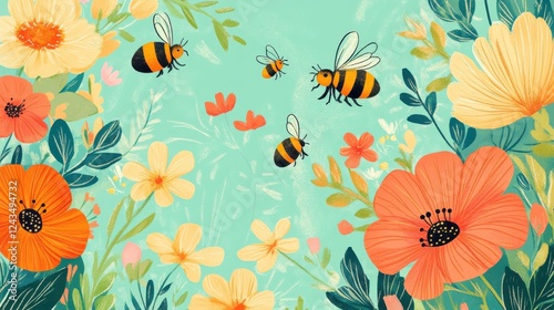 Spring blossoms and buzzing bees create a joyful atmosphere in vibrant hand-drawn illustrations