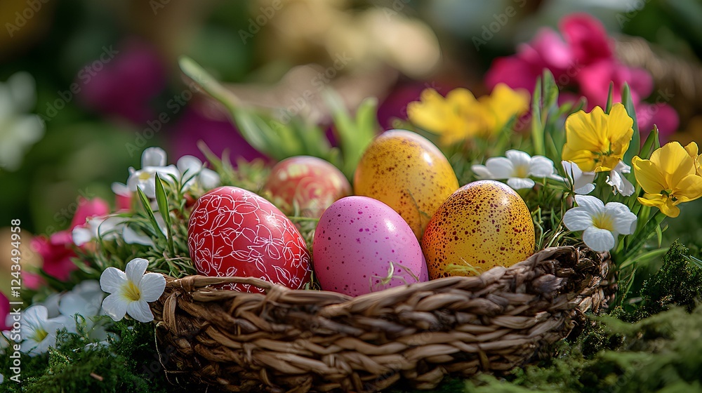 Colorful Easter eggs in a woven basket surrounded by spring flowers Colorful Easter eggs in a woven basket surrounded by spring flowers