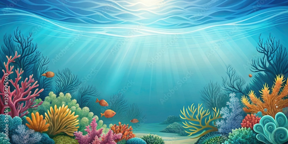 Obraz premium Wavy ocean blue background with seaweed and coral, sea creatures, ocean wallpaper, blue, beachy