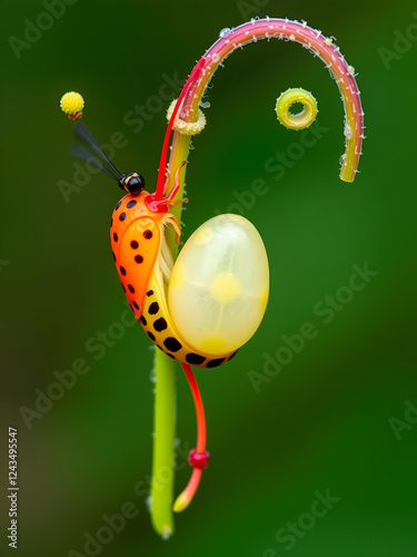 Gulf fritillary (Agraulis [Dione] vanillae) laying an egg on a tendril of scarletfruit passionflower (Passiflora foetida var. Lanuginosa),  Galveston, Texas, USA. photo