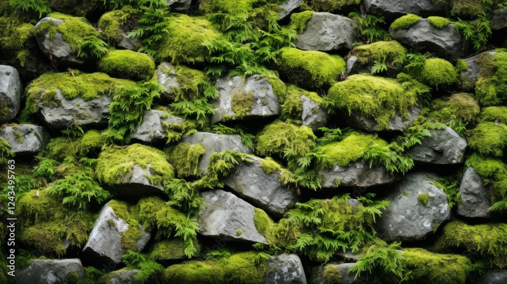 Vibrant green moss blankets ancient stone wall in serene forest setting. Generative AI Vibrant green moss blankets ancient stone wall in serene forest setting. Generative AI