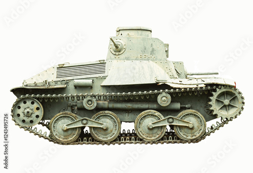 Old armored military tank with heavy armor and tracks, green camouflage, armed with a cannon,isolated on transparency background