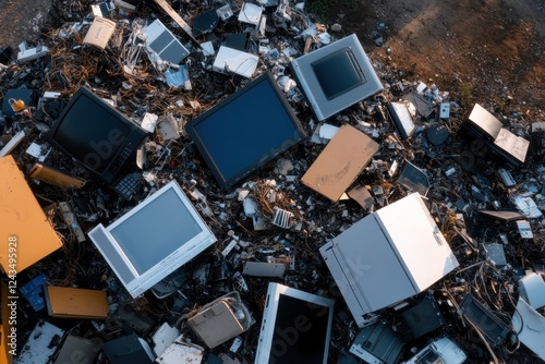 A vast pile of discarded electronic devices awaits recycling, emphasizing the growing concern of e-waste and the urgent need for responsible technology disposal methods. photo