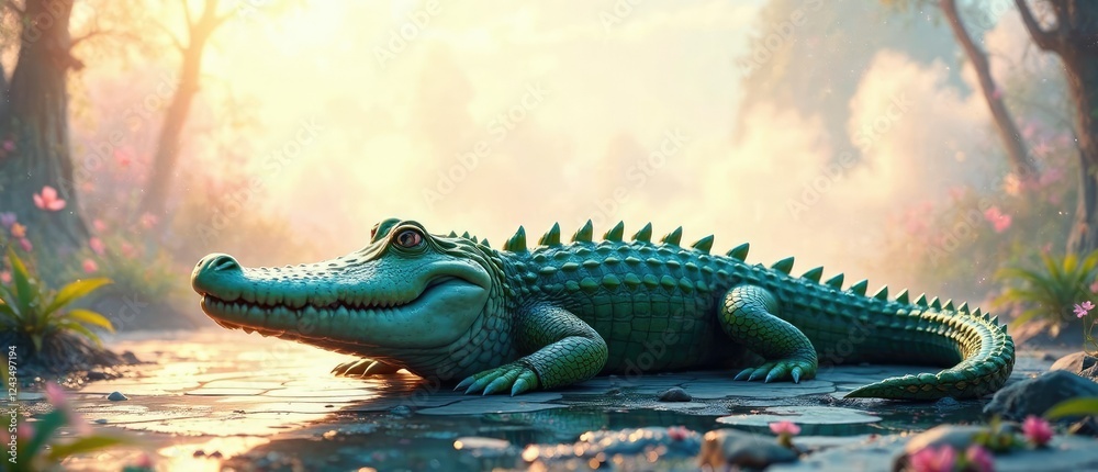 Fototapeta premium whimsical crocodile with a dreamy background and shimmering light, delicate paint, shimmering light