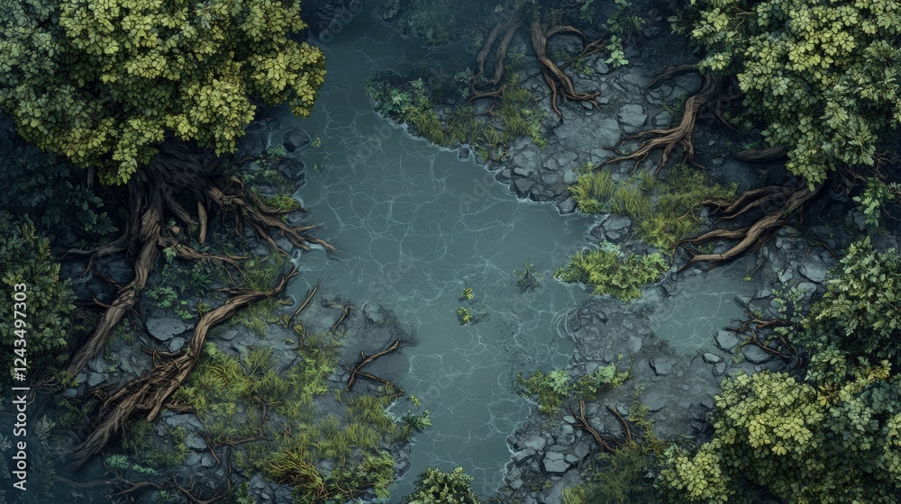 Battlemap of Serene Forest Water Pool Surrounded by Lush Greenery and Roots Battlemap of Serene Forest Water Pool Surrounded by Lush Greenery and Roots