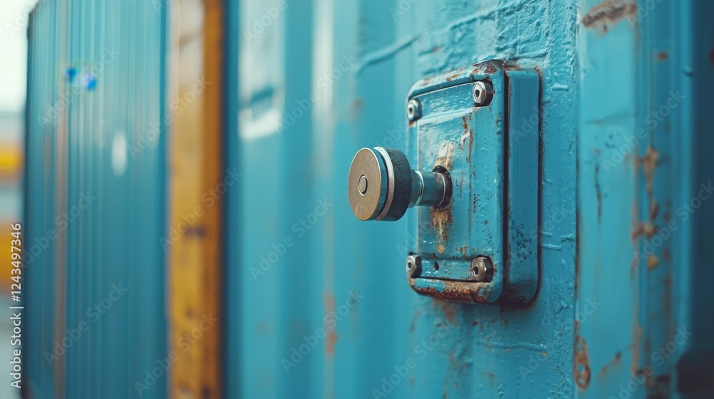close up of freight container lock, showcasing its metallic details and weathered texture. vibrant blue color contrasts with rust, highlighting industrial elements close up of freight container lock, showcasing its metallic details and weathered texture. vibrant blue color contrasts with rust, highlighting industrial elements
