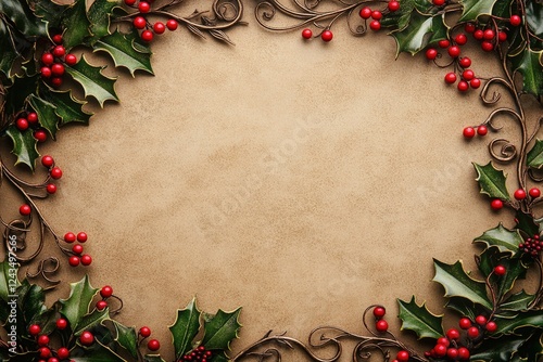 Festive Holiday Frame with Holly and Berries on a Rustic Background
