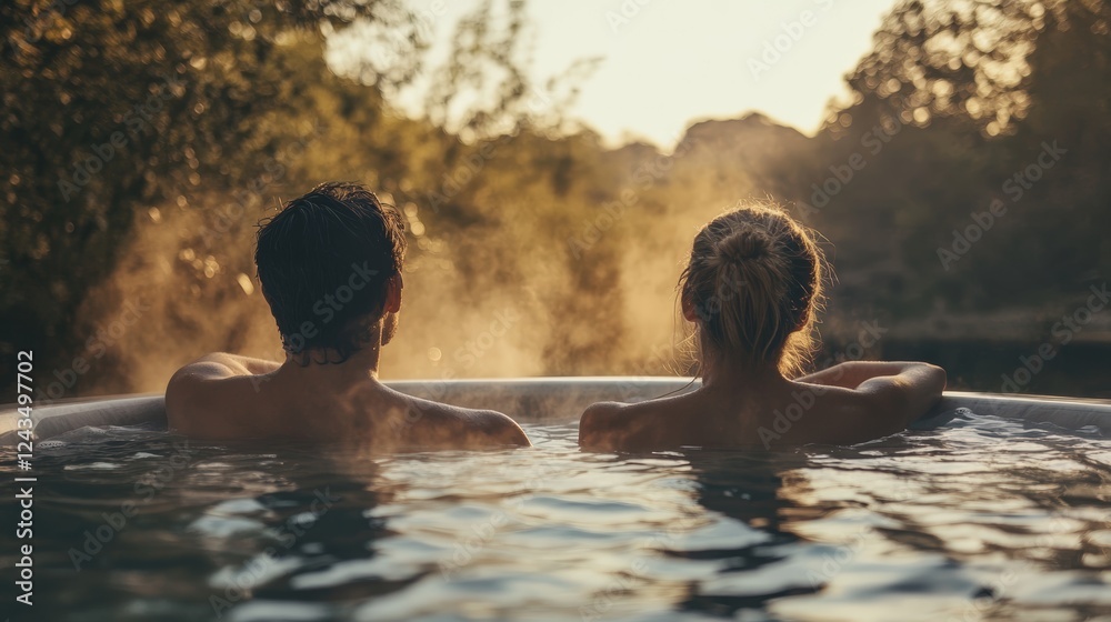 Couple Relaxing Together in a Scenic Hot Tub at Sunset Couple Relaxing Together in a Scenic Hot Tub at Sunset