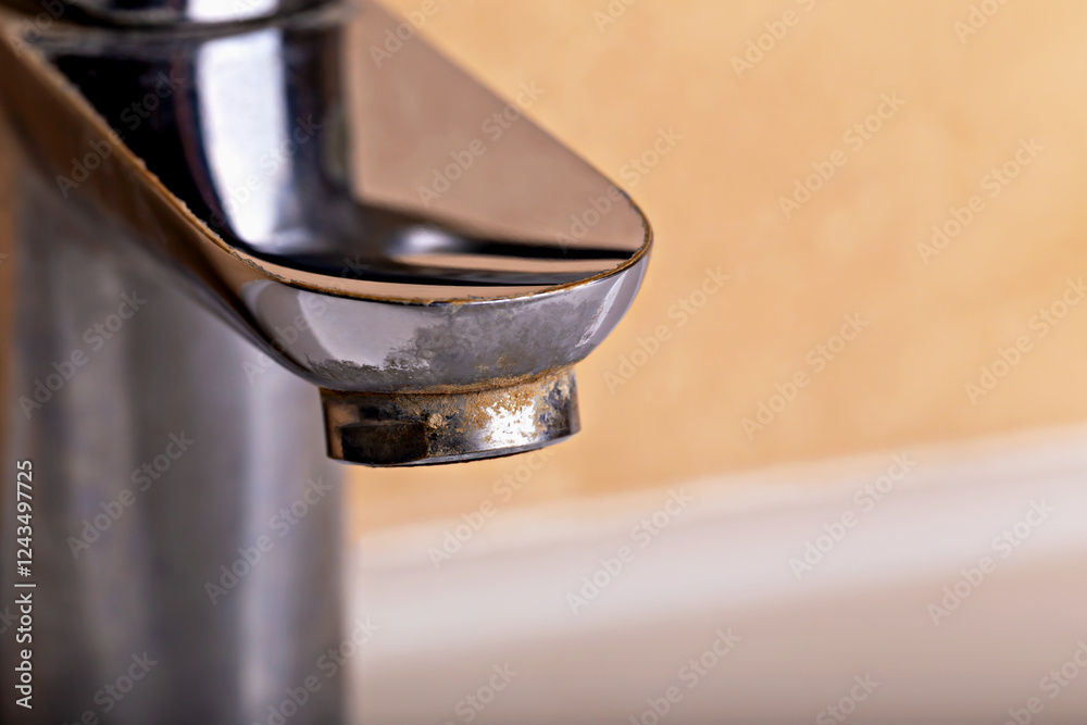 Chrome faucet with visible limescale buildup on spout, highlighting need for cleaning and maintenance to prevent water stains. Concept of problems with mineral deposits on household appliances