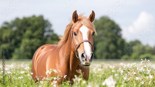 Chestnut horse in a field of flowers
