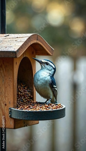 White breasted nuthatch feeding on a suet feeder in a backyard, garden, suet, tufted, avian, foraging