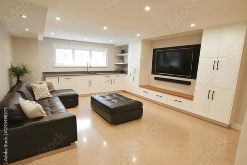 A modern basement with white cabinets, a black leather couch