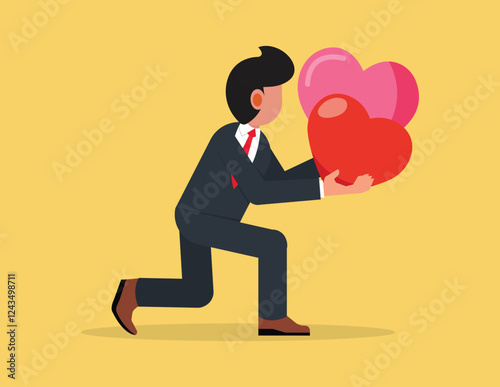 Happy Valentine's Day. Businessman kneeling giving heart