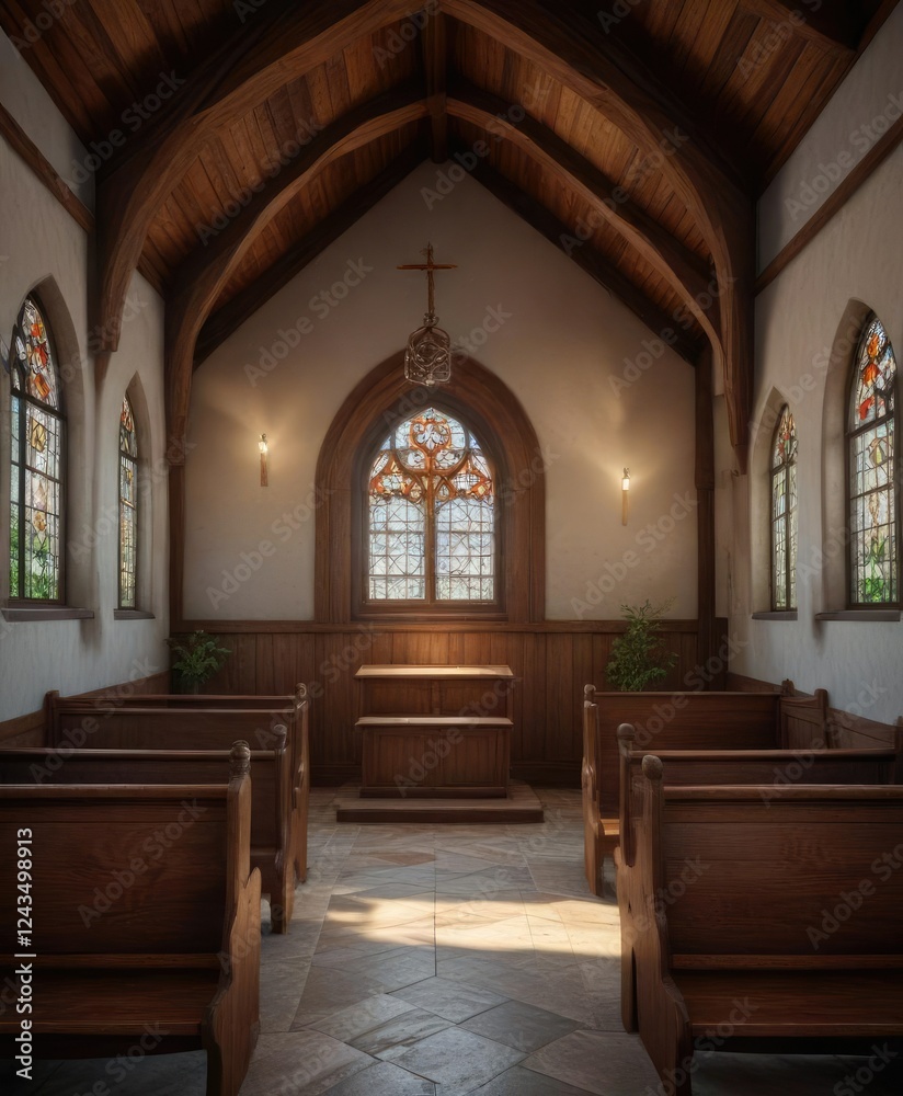 Fototapeta premium The interior of the small church features a simple wooden pew and stained glass windows , divine, colored glass