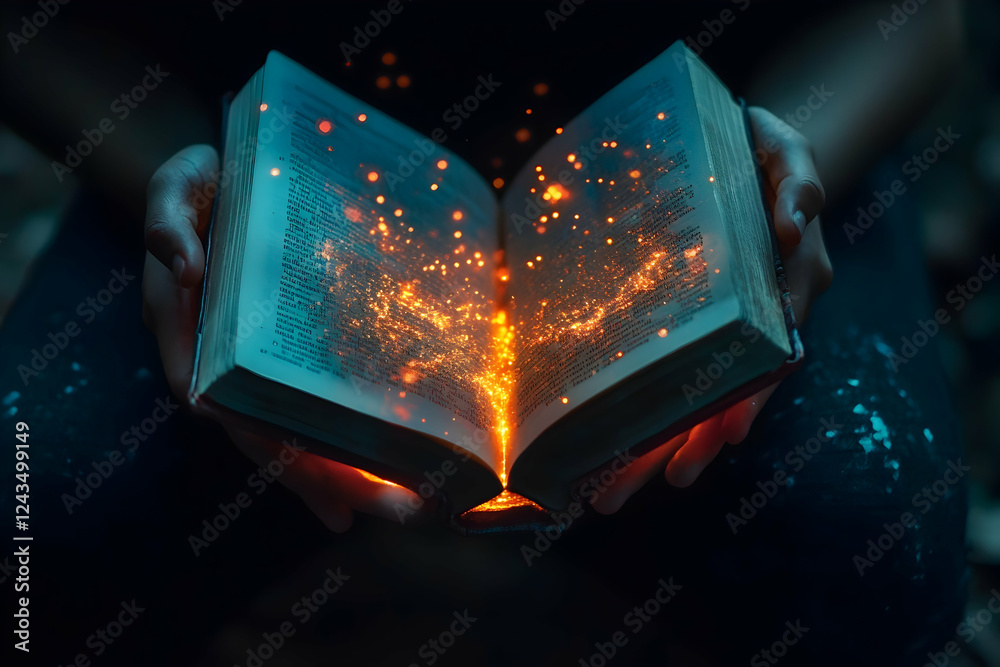 Fototapeta premium Glowing particles emanating from an open book held by hands in a dark environment
