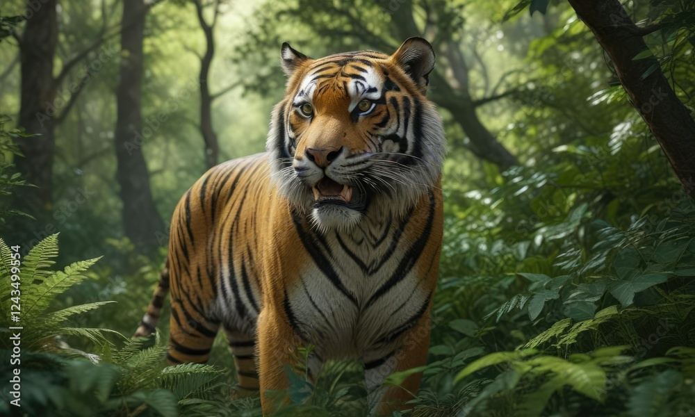The tiger's coat blends seamlessly into the surrounding foliage, allowing it to remain camouflaged in the dense underbrush of the forest, foliage, underbrush The tiger's coat blends seamlessly into the surrounding foliage, allowing it to remain camouflaged in the dense underbrush of the forest, foliage, underbrush