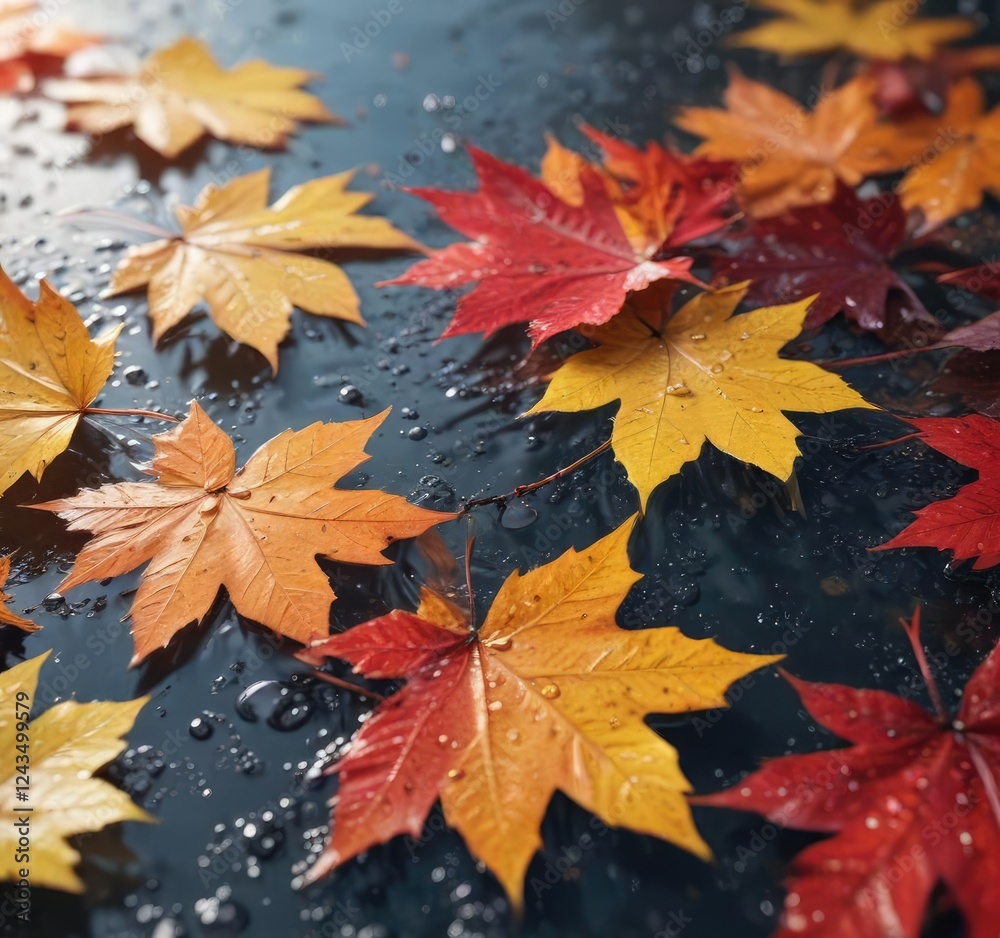 The vibrant colors of autumn leaves are contrasted with water droplets, landscape, outdoor The vibrant colors of autumn leaves are contrasted with water droplets, landscape, outdoor