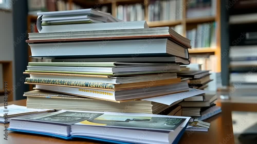 A large stack of books and papers sits on a wooden table near a blurred bookshelf. A large stack of books and papers sits on a wooden table near a blurred bookshelf.