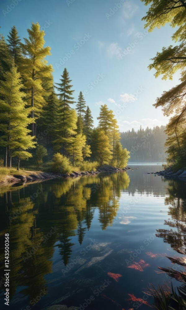 Obraz premium Wide-angle view of a serene lake and surrounding trees, feathered observer, water reflections, lake landscape