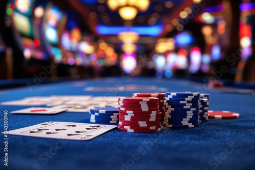 Poker chips and cards on a casino table with blurred colorful lights in the background. photo