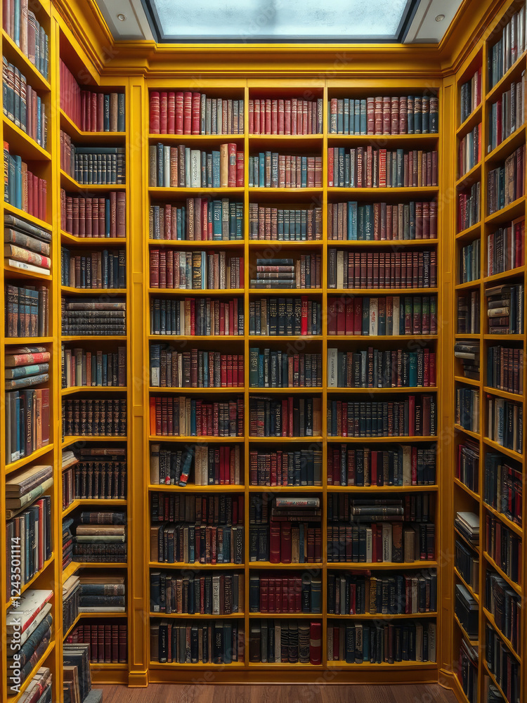 Top view of a yellow and red bookcase filled with books of all genres, novels, information Top view of a yellow and red bookcase filled with books of all genres, novels, information
