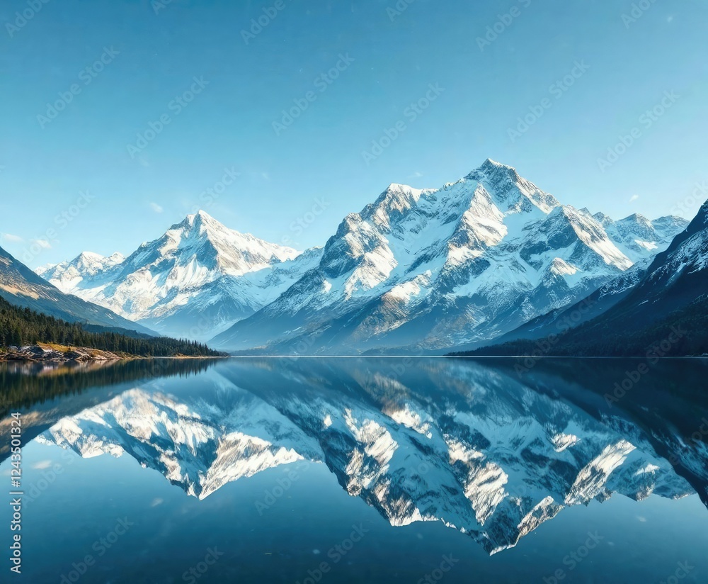 Obraz premium Towering snow-capped mountains reflected perfectly in the still waters of a serene lake, calm water, lake reflection, snowy peaks