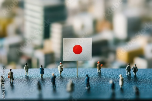 日本国旗とミニチュアの人々の小さな世界（JAPAN・愛国心・経済・グローバル・日本社会・共同体）