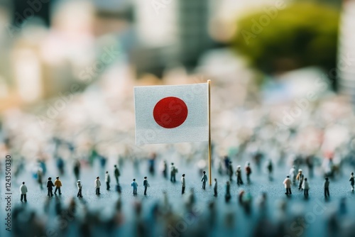 日本国旗とミニチュアの人々の小さな世界（JAPAN・愛国心・経済・グローバル・日本社会・共同体）