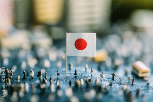 日本国旗とミニチュアの人々の小さな世界（JAPAN・愛国心・経済・グローバル・日本社会・共同体）