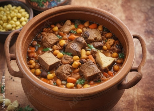 Traditional Algerian lamb and chickpea stew in a clay pot, hearty stew, aromatic spices photo