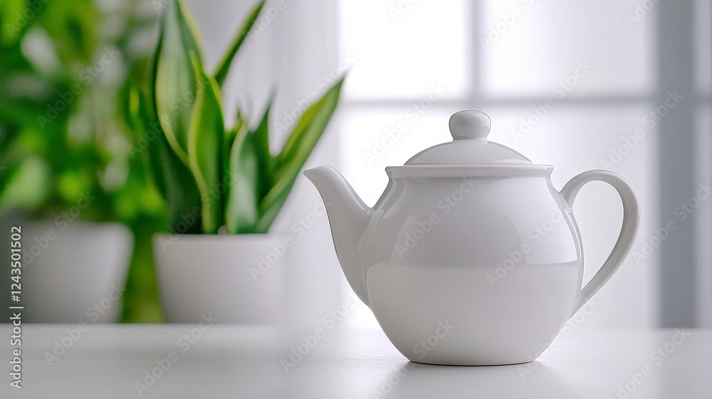 White Teapot and Green Plants on Bright Table White Teapot and Green Plants on Bright Table