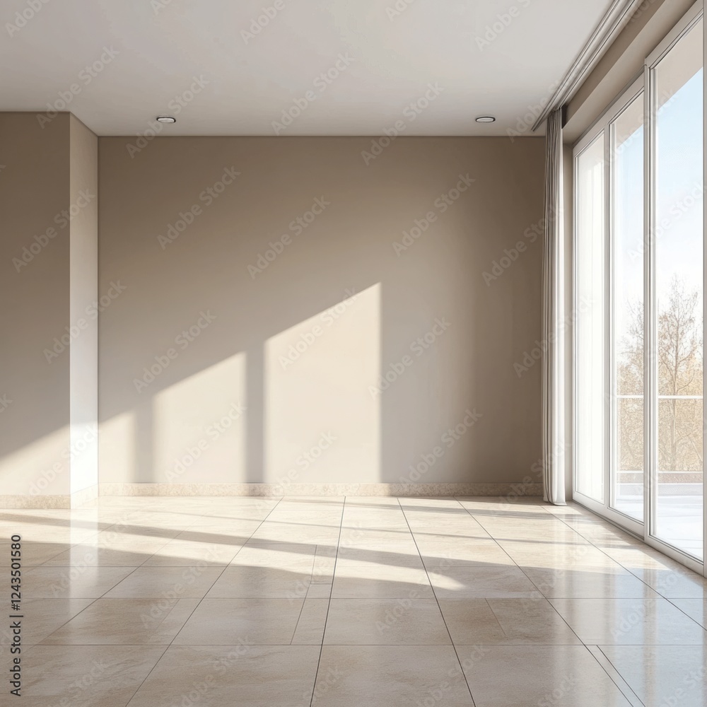 Fototapeta premium Spacious empty room with large windows and natural light in a modern setting