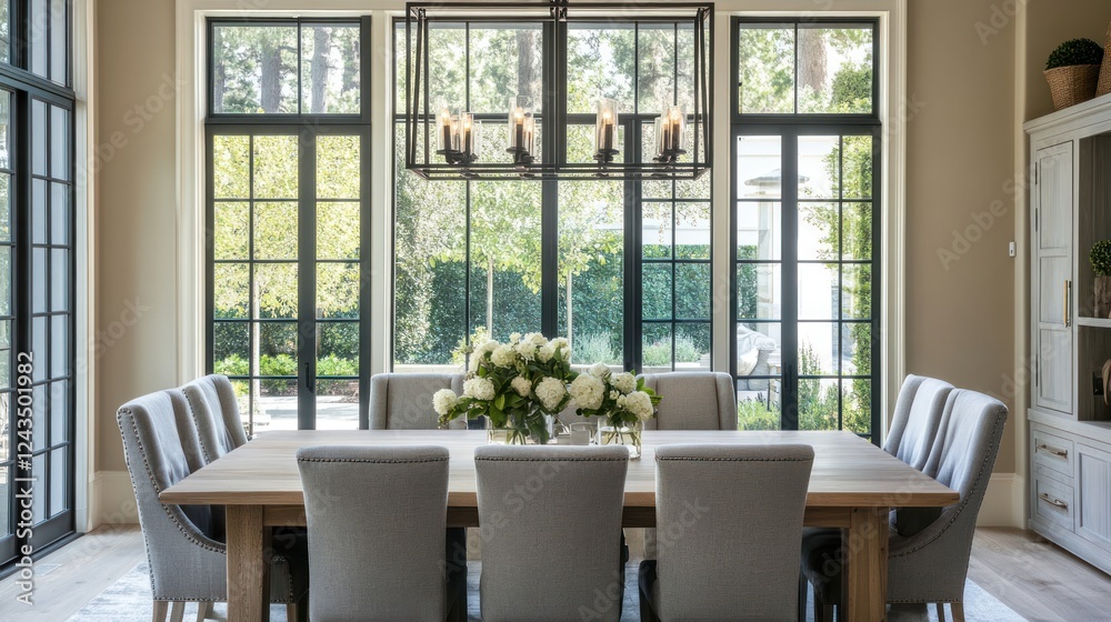 Obraz premium Modern farmhouse dining room with large windows overlooking a backyard.