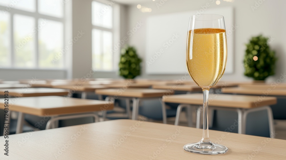 Glass of Sparkling Wine on Light Wood Table in Bright Classroom Glass of Sparkling Wine on Light Wood Table in Bright Classroom