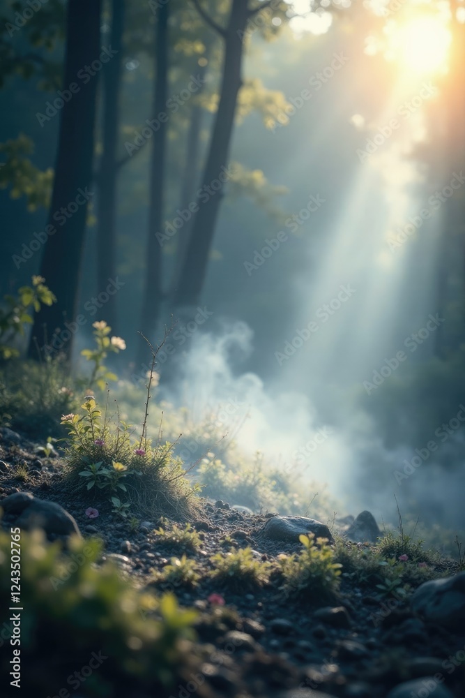 Fototapeta premium A delicate, shimmering silver mist rises from the ground, shimmering silver, ethereal, gossamer