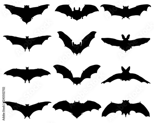 Big set of black silhouettes of bats on a white background
