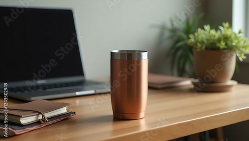 copper stainless steel tumbler sits prominently on a polished wooden office desk, exuding a modern, industrial charm