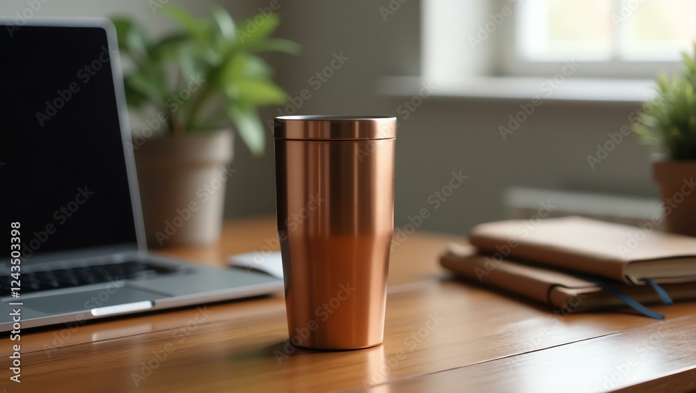 copper stainless steel tumbler sits prominently on a polished wooden office desk, exuding a modern, industrial charm copper stainless steel tumbler sits prominently on a polished wooden office desk, exuding a modern, industrial charm