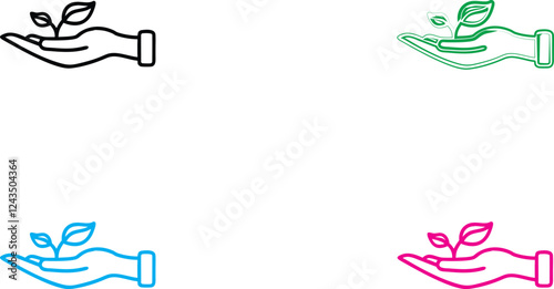 Hand holding plant, simple line drawing, minimalist icon, growth concept, sustainability symbol, environmental care, four color variations, black green blue pink, flat design, vector graphic style, nu