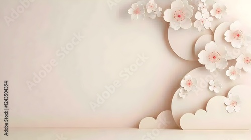 Elegant Paper Flowers and Soft Clouds on Subtle Beige Background