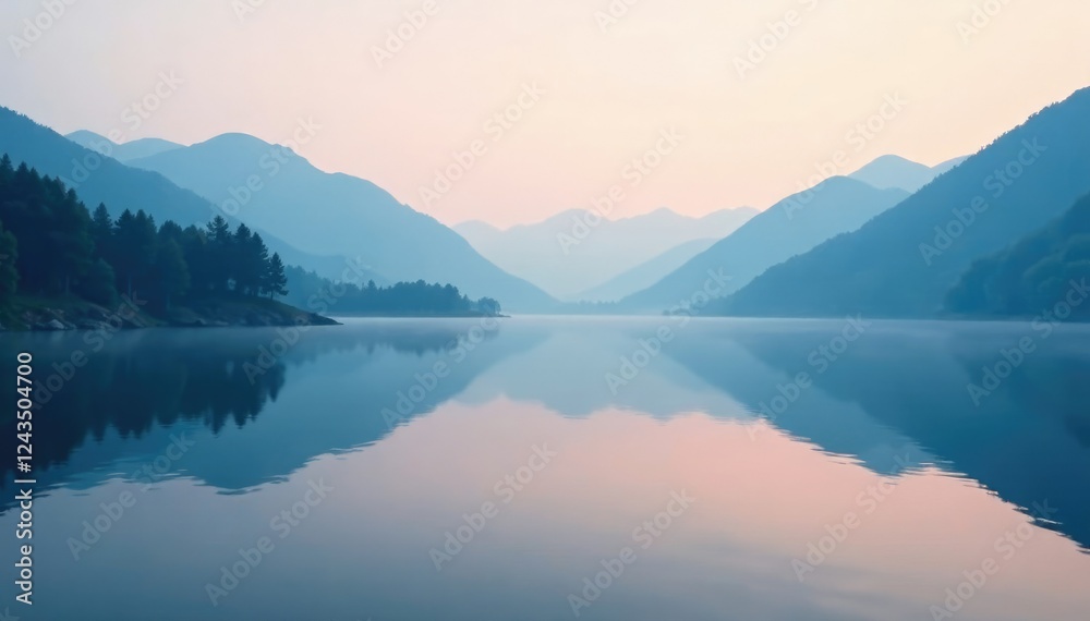 Foggy lake with a subtle reflection of the surrounding hills, landscape, serene, peaceful Foggy lake with a subtle reflection of the surrounding hills, landscape, serene, peaceful