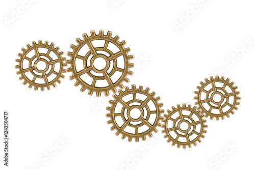Gear and cogs wheels isolated on a white background, clock mechanism, brass metal engine industrial.