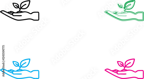 Hand holding plant, simple line drawing, minimalist icon, growth concept, sustainability symbol, environmental care, four color variations, black green blue pink, flat design, vector graphic style, nu