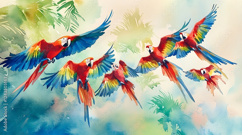Fototapeta premium Scarlet Macaws in Flight Amidst Tropical Foliage