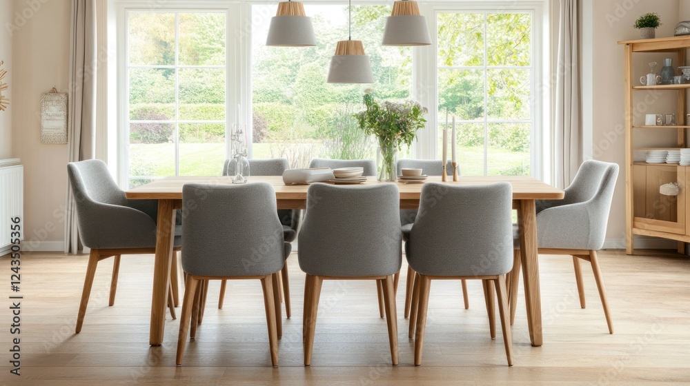Fototapeta premium Modern dining room with wooden table and grey chairs, large windows and natural light.