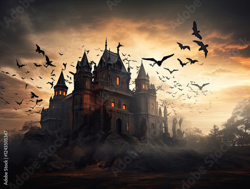 Spooky Castle at Sunset with Bats Flying