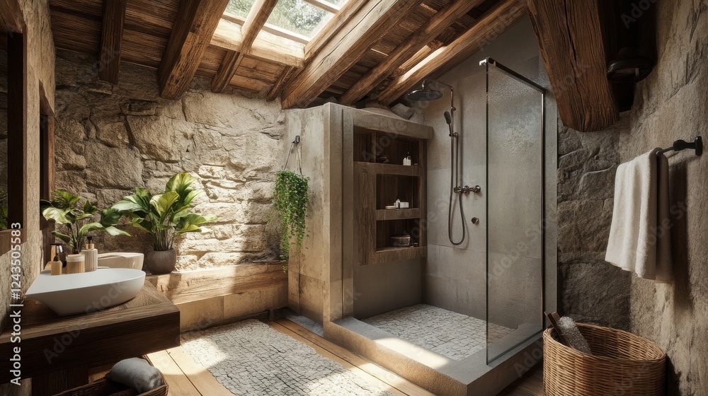 Fototapeta premium Rustic bathroom designed with a stone shower and natural light from a skylight surrounded by wooden beams