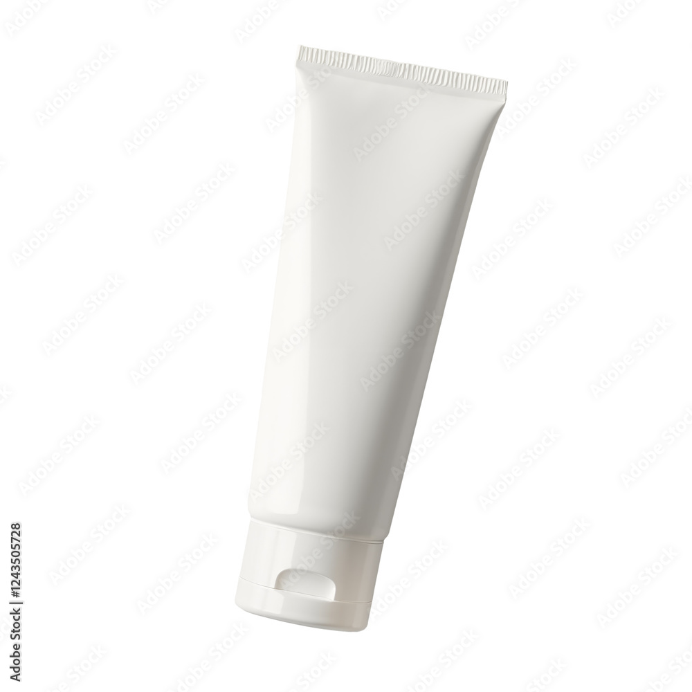 Sleek white tube in an upright position with a clean design and smooth surface set against a white isolated background for skincare or cosmetic use Sleek white tube in an upright position with a clean design and smooth surface set against a white isolated background for skincare or cosmetic use