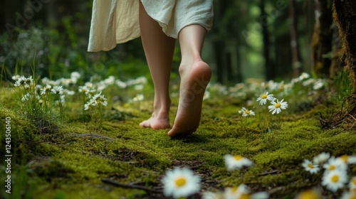 Peaceful individual walking barefoot on a mossy path surrounded by wildflowers in a serene forest setting