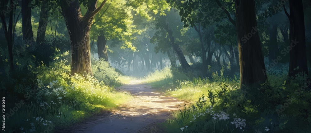 Fototapeta premium Serene forest path enchanted woods nature scene tranquil environment idyllic viewpoint escape into nature